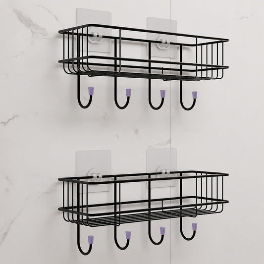 Kozykit Trends Bathroom Rack self with 4 Hooks to Hang Towel and More Hanging Items Stainless Steel, Iron Wall Shelf (Number of Shelves - 2, Black)