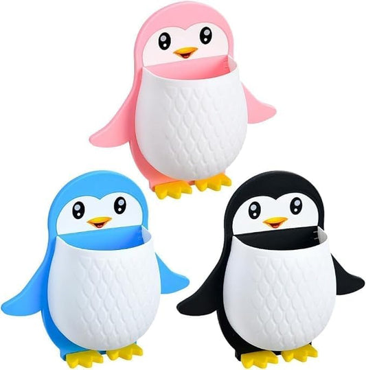 Penguin Shaped Wall Mounted Holder, Self Adhesive Storage Organizer for Bathroom, Toothbrush and Brush Stand,Multipurpose Plastic Bathroom Accessory (Black, Blue & Pink)