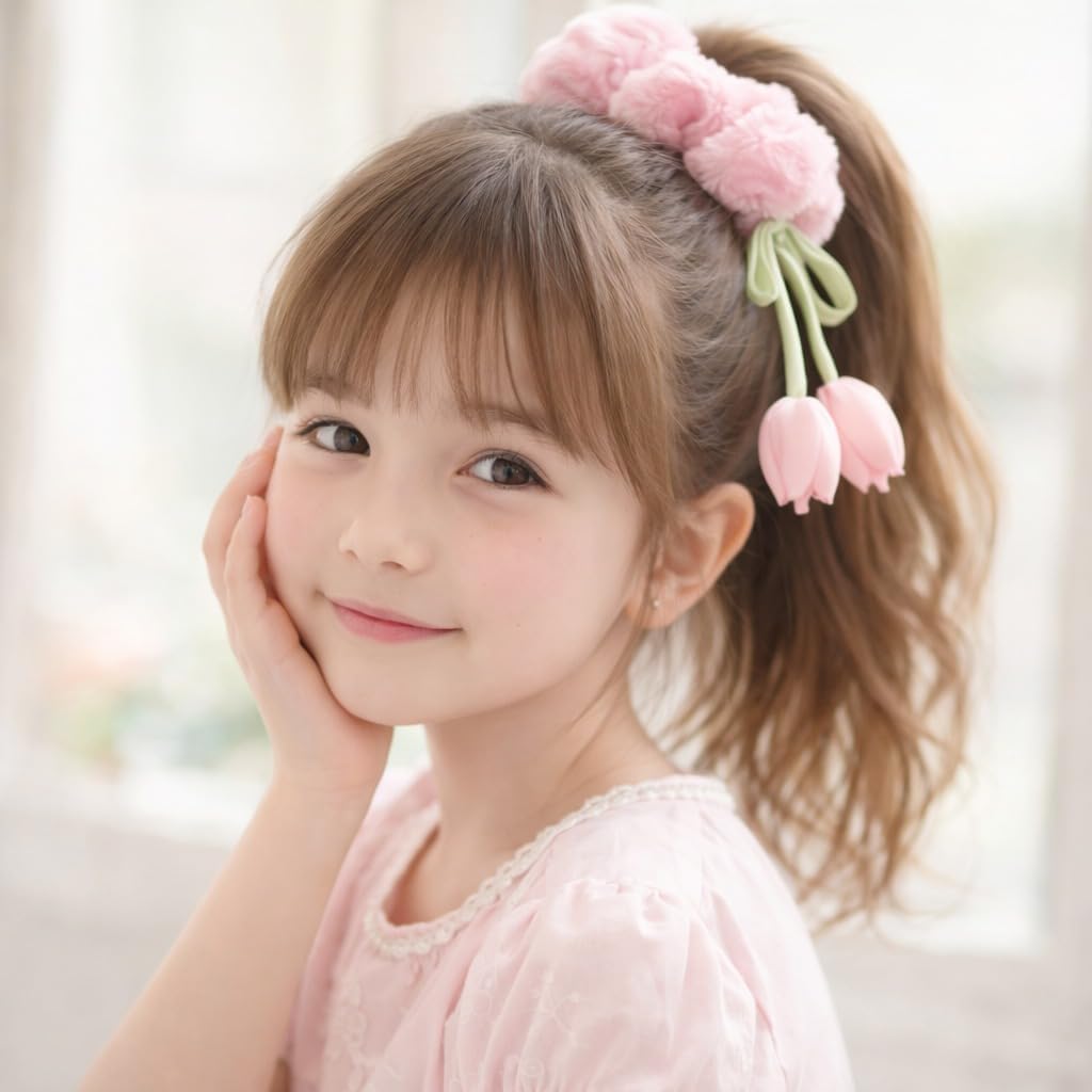 Fur Tulip Flower Scrunchies for Women & Girls | Fluffy Soft Hair Scrunchies | Elastic Ponytail Bands | Multicolor Stylish Hair Accessories (2)