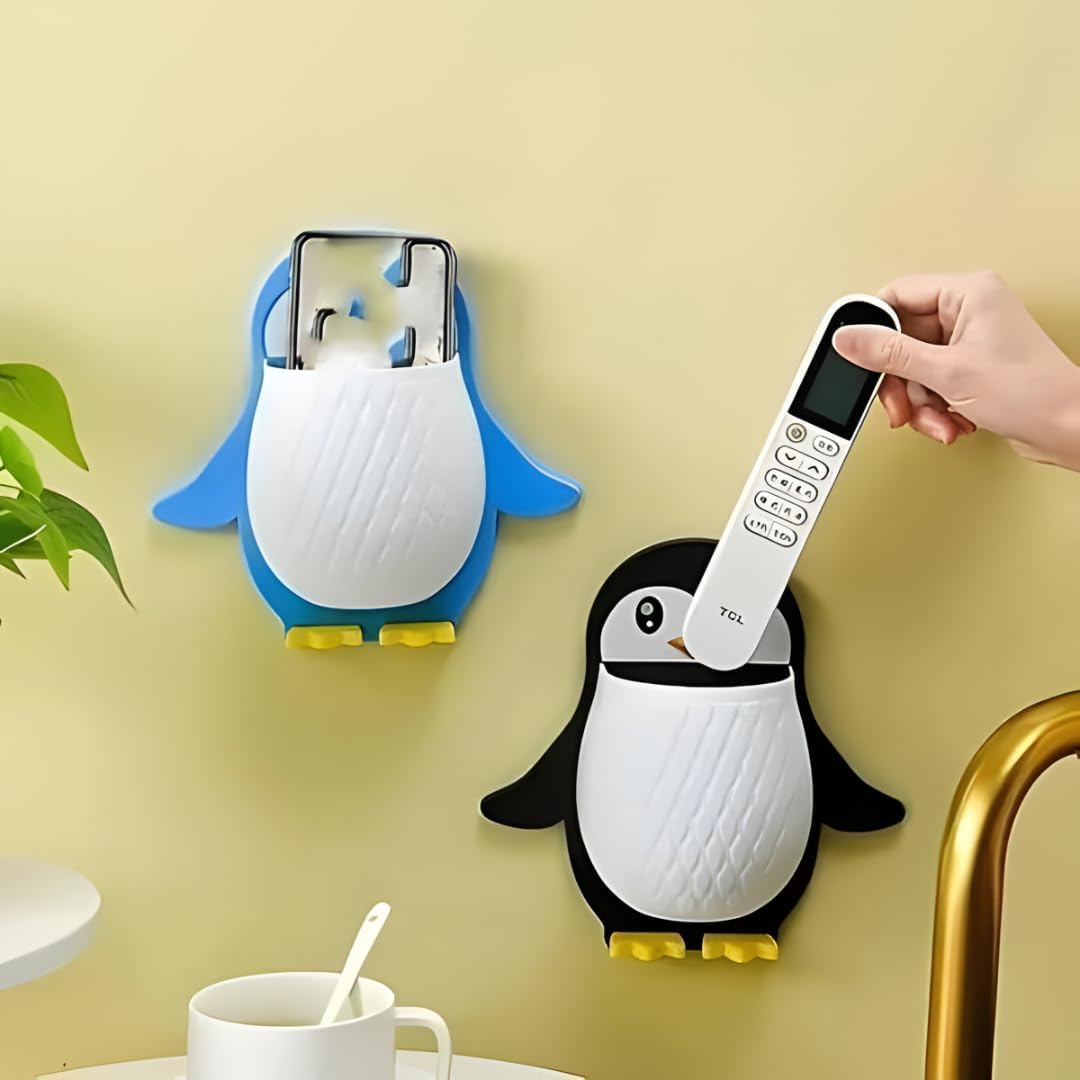 Penguin Shaped Wall Mounted Holder, Self Adhesive Storage Organizer for Bathroom, Toothbrush and Brush Stand,Multipurpose Plastic Bathroom Accessory (Black, Blue & Pink)