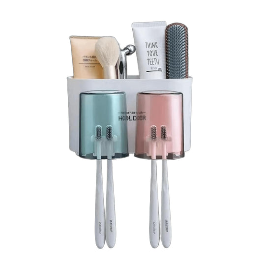Kozykit Trends Tooth Brush Holder Wall Mounted for Bathroom with 2 Mouthwash Cups Bathroom Toothbrush Organizer | Multi-Compartment, Dustproof & Bathroom Storage (Toothbrush Holder)