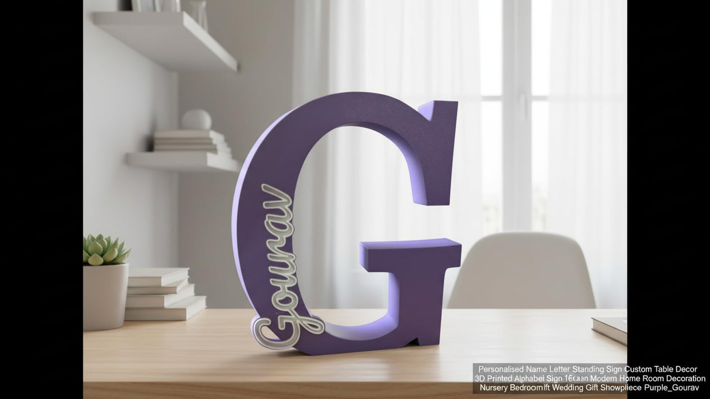 Personalised Name Letter Standing Sign Custom Table Decor | 3D Printed Alphabet Sign 16x14x2cm | Modern Home Room Decoration | Nursery Bedroom Office Wedding Gift Showpiece (Purple_Gourav)