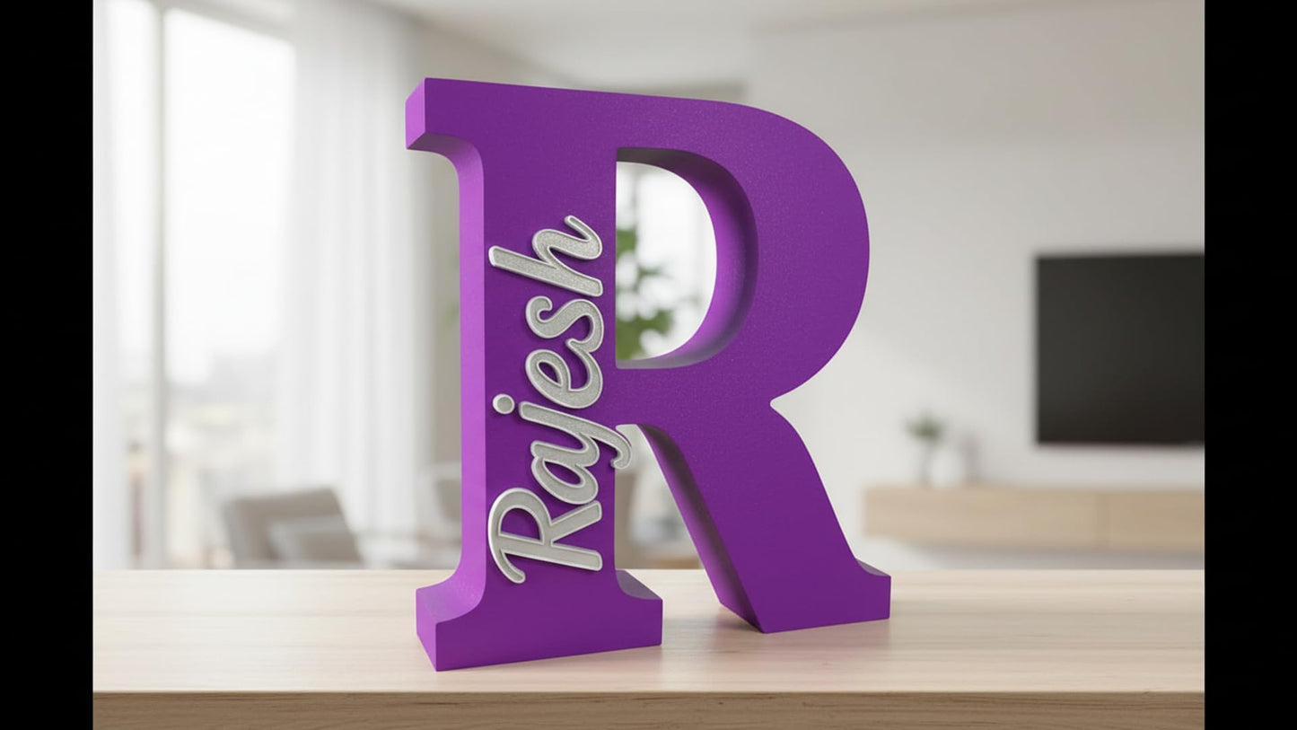 Personalised Name Letter Standing Sign Custom Table Decor | 3D Printed Alphabet Sign 16x14x2cm | Modern Home Room Decoration | Nursery Bedroom Office Wedding Gift Showpiece (Purple_Gourav)