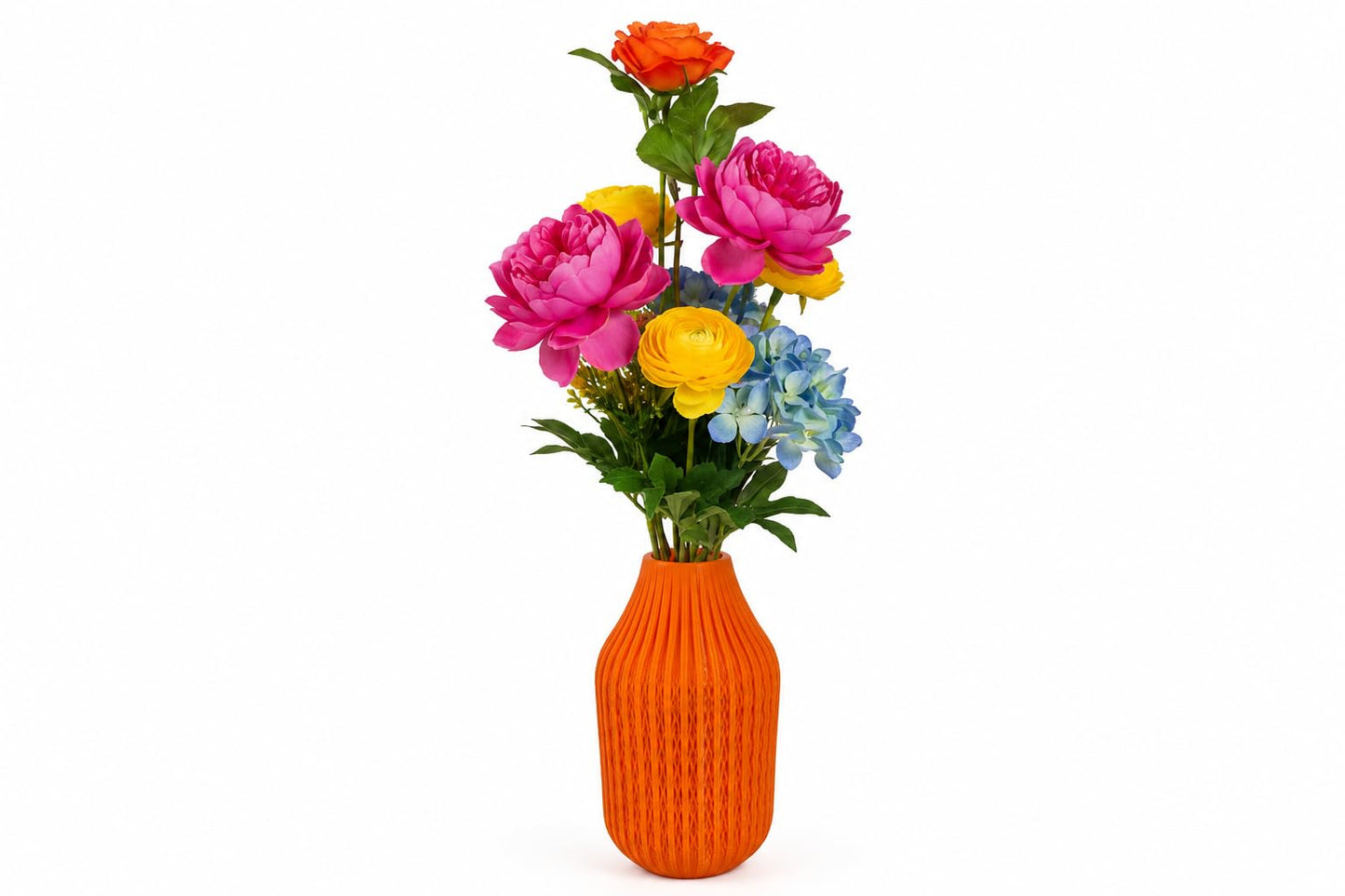 Modern Ribbed Decorative Flower Vase Set for Living Room Table Décor | Premium Matte Finish Blue & Black Vase for Home, Office, Bedroom & Center Table Styling | Artificial Flowers (Orange)