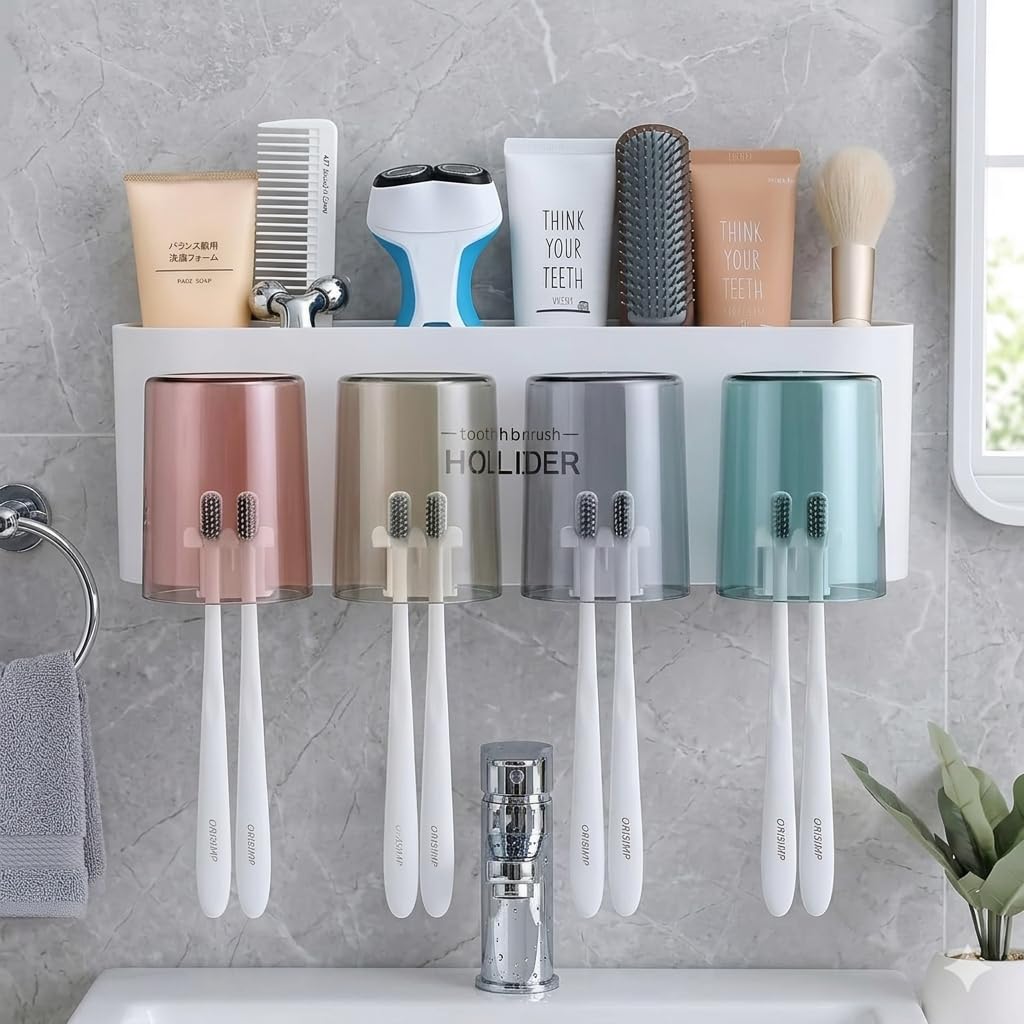 Kozykit Trends Tooth Brush Holder Wall Mounted for Bathroom with 2 Mouthwash Cups Bathroom Toothbrush Organizer | Multi-Compartment, Dustproof & Bathroom Storage (Toothbrush Holder)