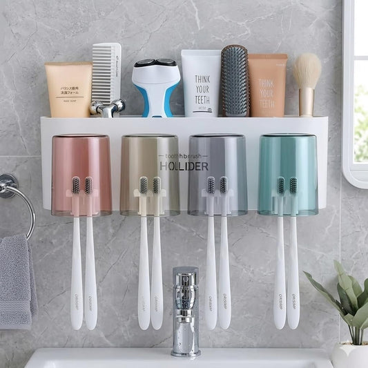 Kozykit Trends Tooth Brush Holder Wall Mounted for Bathroom with 2 Mouthwash Cups Bathroom Toothbrush Organizer | Multi-Compartment, Dustproof & Bathroom Storage (Toothbrush Holder)