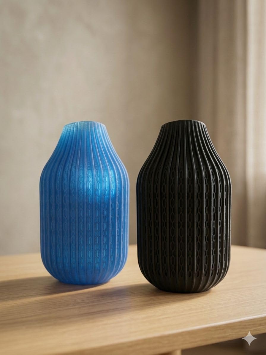 Modern Ribbed Decorative Flower Vase Set for Living Room Table Décor | Premium Matte Finish Blue & Black Vase for Home, Office, Bedroom & Center Table Styling | Artificial Flowers (Orange)