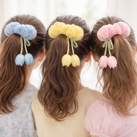 Fur Tulip Flower Scrunchies for Women & Girls | Fluffy Soft Hair Scrunchies | Elastic Ponytail Bands | Multicolor Stylish Hair Accessories (2)