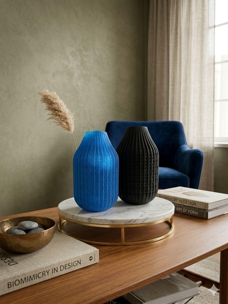Modern Ribbed Decorative Flower Vase Set for Living Room Table Décor | Premium Matte Finish Blue & Black Vase for Home, Office, Bedroom & Center Table Styling | Artificial Flowers (Orange)