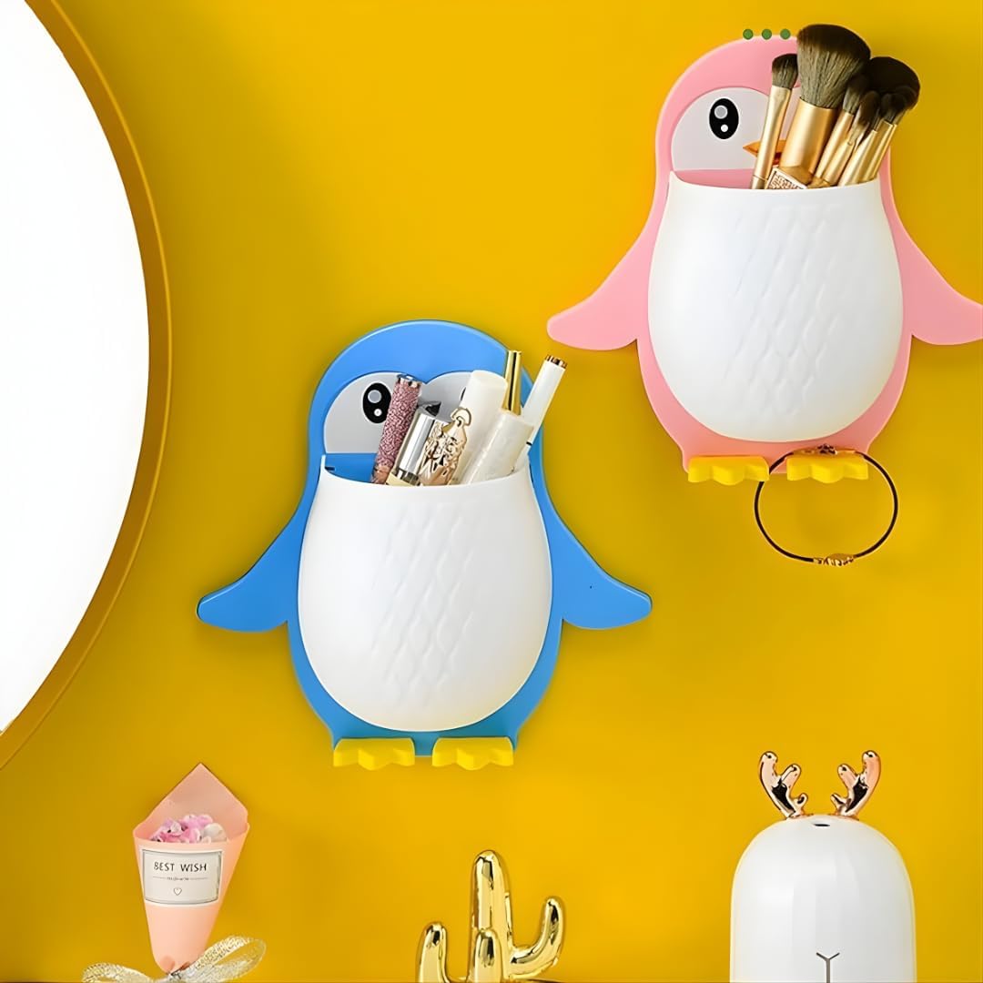 Penguin Shaped Wall Mounted Holder, Self Adhesive Storage Organizer for Bathroom, Toothbrush and Brush Stand,Multipurpose Plastic Bathroom Accessory (Black, Blue & Pink)