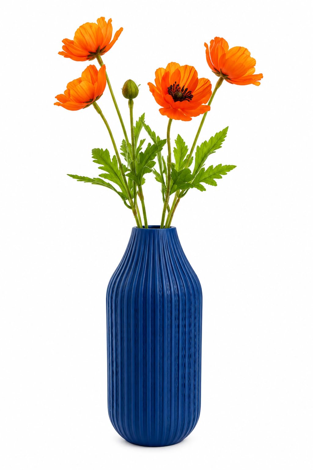 Modern Ribbed Decorative Flower Vase Set for Living Room Table Décor | Premium Matte Finish Blue & Black Vase for Home, Office, Bedroom & Center Table Styling | Artificial Flowers (Orange)