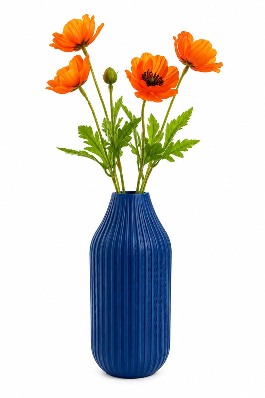Modern Ribbed Decorative Flower Vase Set for Living Room Table Décor | Premium Matte Finish Blue & Black Vase for Home, Office, Bedroom & Center Table Styling | Artificial Flowers (Orange)