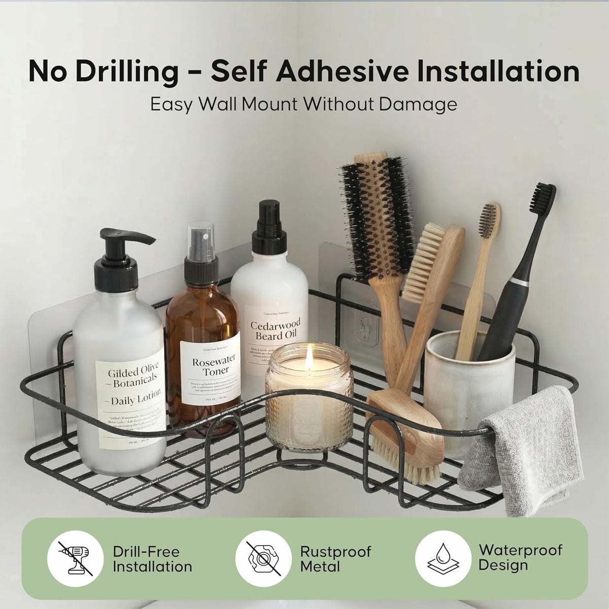 Set of 2 Metal Bathroom Corner Shelf Rack | No Drilling Self Adhesive Wall Mounted Storage Organizer for Bathroom & Kitchen | Rustproof Bathroom Shelves (8 & 9 INCH, Black)