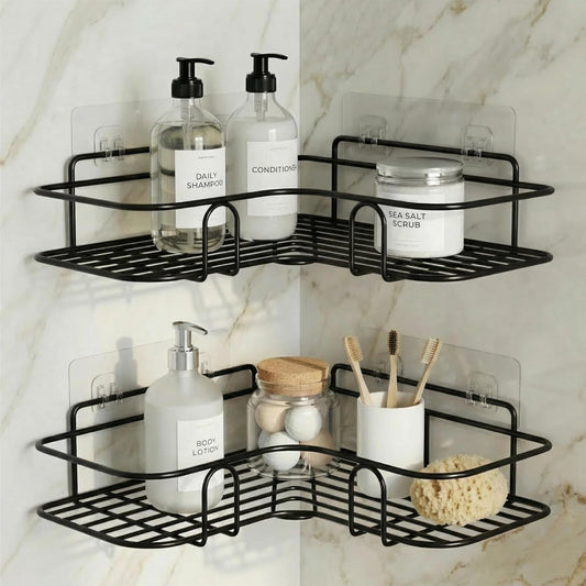 Set of 2 Metal Bathroom Corner Shelf Rack | No Drilling Self Adhesive Wall Mounted Storage Organizer for Bathroom & Kitchen | Rustproof Bathroom Shelves (8 & 9 INCH, Black)