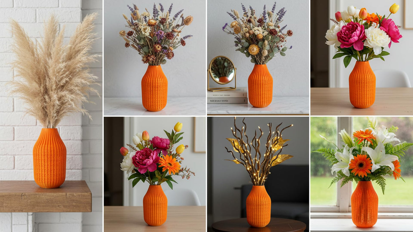 Modern Ribbed Decorative Flower Vase Set for Living Room Table Décor | Premium Matte Finish Blue & Black Vase for Home, Office, Bedroom & Center Table Styling | Artificial Flowers (Orange)
